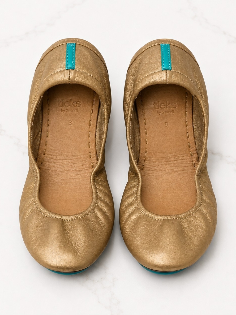 Tieks Gold Ballet Flats with Teal Accent
